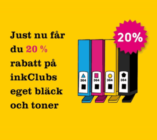 20 % på inkClubs eget bläck och toner och 10 % på original