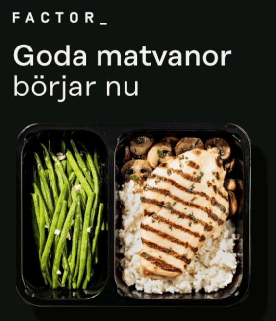 40% på första boxen + 20% på fyra till hos Factor Meals