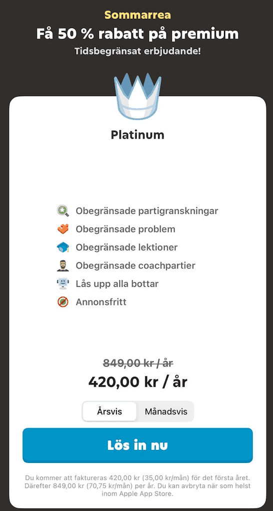 Halva priset på premium (Platinum) hos Chess.com