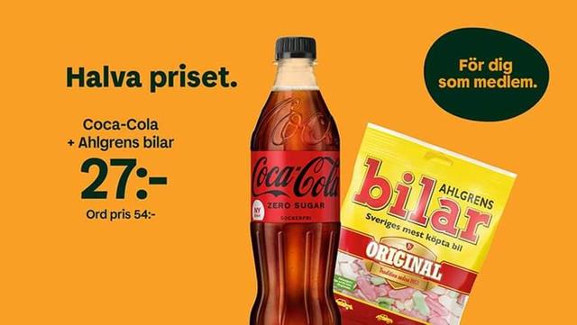 125g Ahlgrens bilar och en 50cl Coca-Cola för endast 27 kr hos Preem!