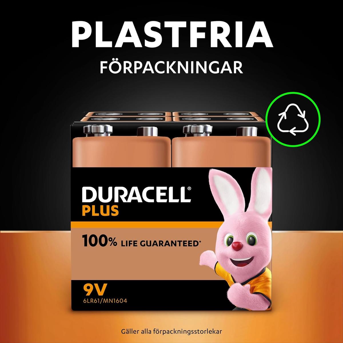 Duracell Plus 9V Alkaline batterier, 2-pack