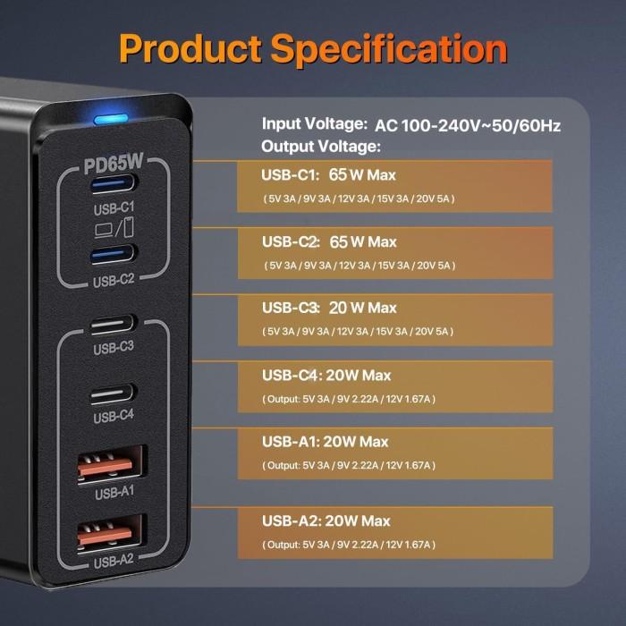 165W GaN 6-Port USB Charging Station
