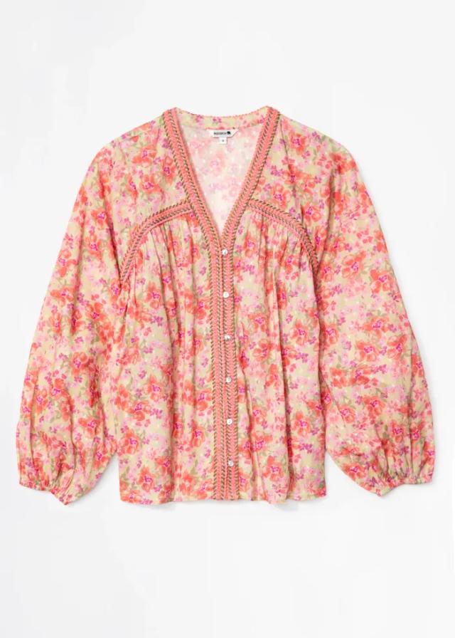 BLAIR - Broderad Rosa Puffärm Blus