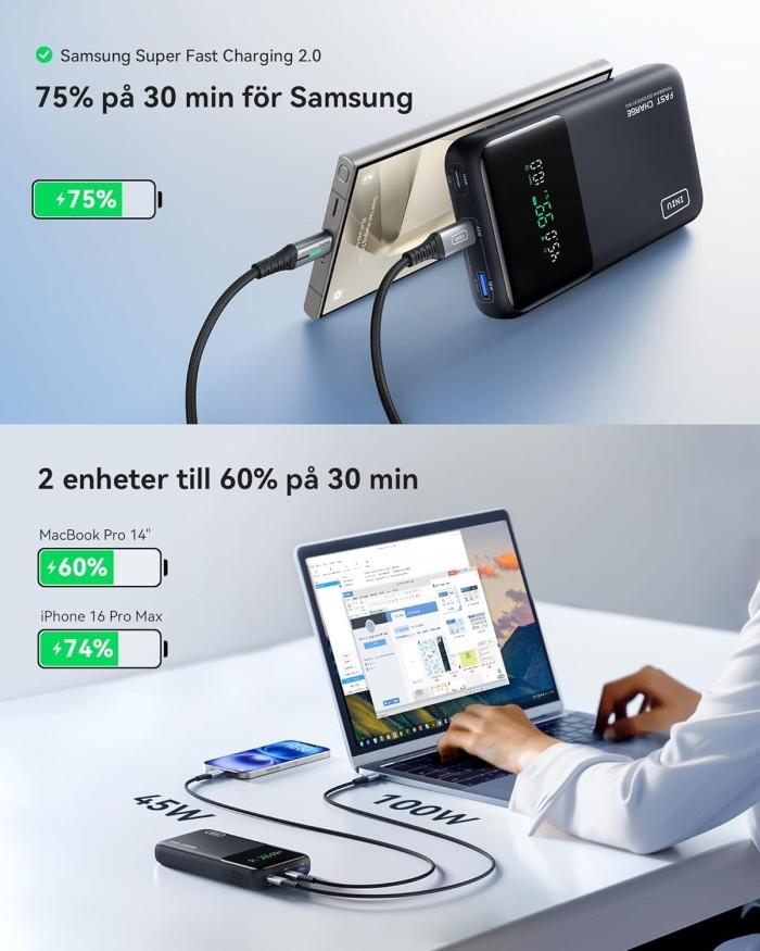 INIU 25000mAh Laptop Powerbank - Snabbladdning USB-C
