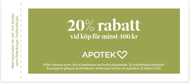 20% rabatt på Apotek Hjärtat - Sollentuna Centrum