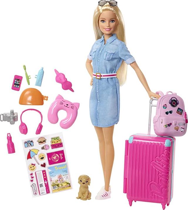 Barbie Travel Doll - med hund, rosa resväska & resetillbehör