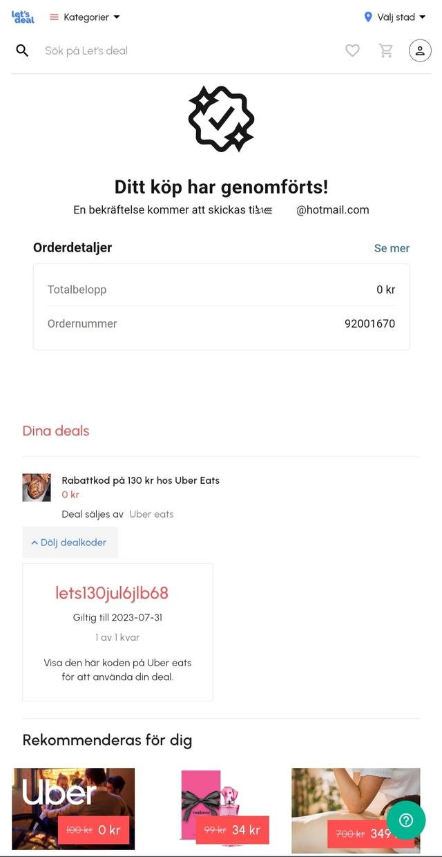 Rabattkod på 130 kr hos Uber Eats | Hela landet | Let's deal