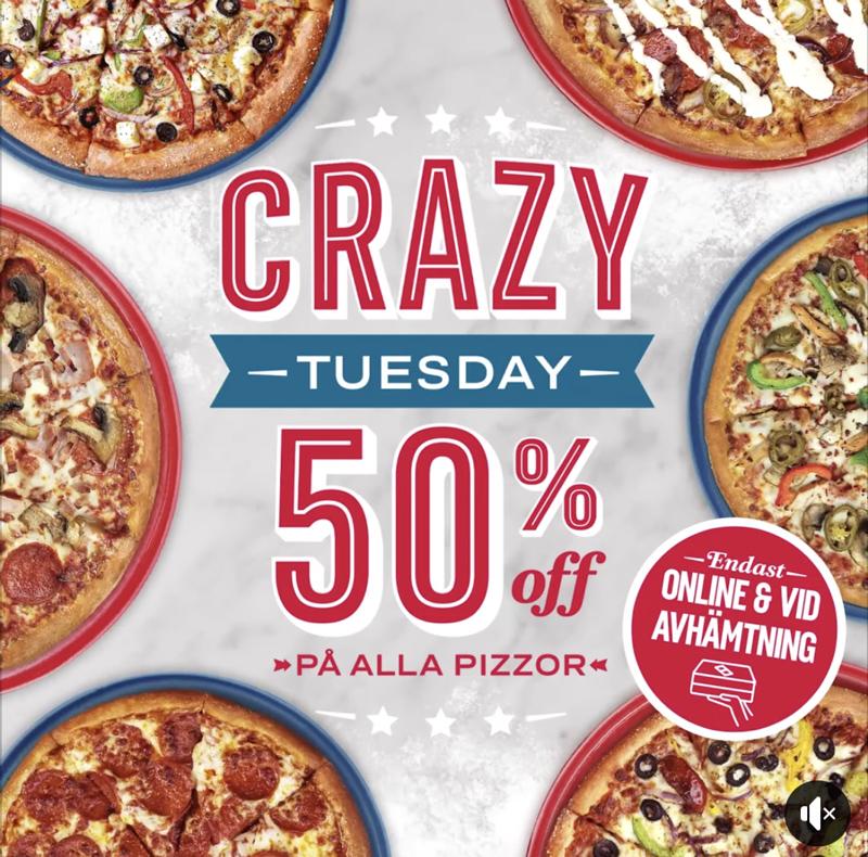 50% rabatt på alla pizzor hos Domino's