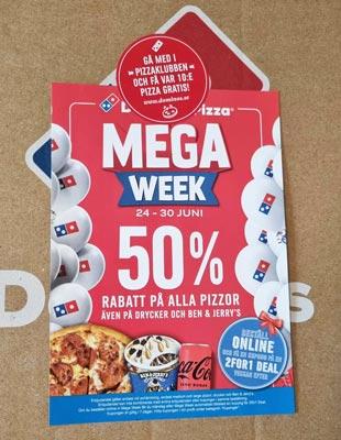 50% rabatt på alla pizzor hos Dominos mellan 24-30 juni