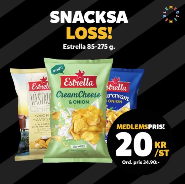 Hemmakväll Estrellas alla chips för 20 kronor för medlemmar
