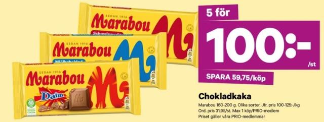 5 st stora Marabou choklad för 100:-