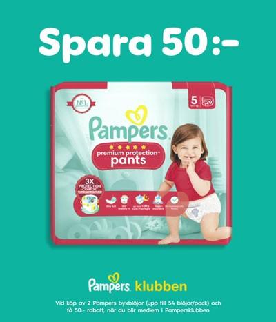 Få 50 kr rabatt vid köp av två Pampers byxblöjor