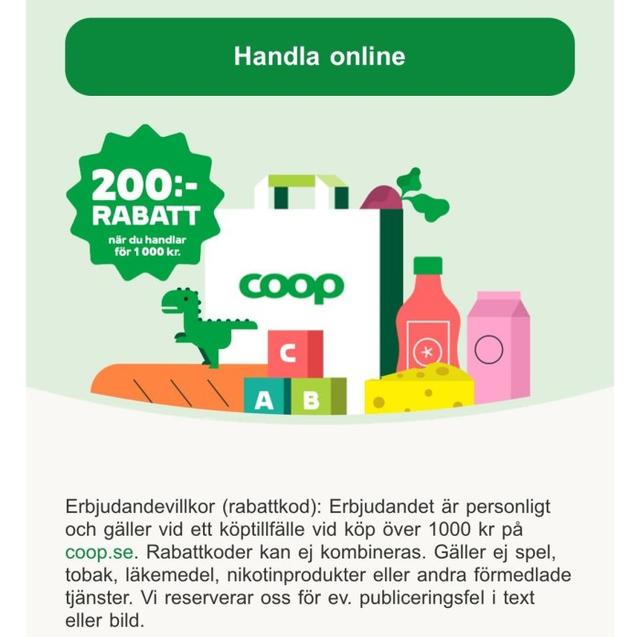 Coop - Få 200 kr rabatt när du handlar för minst 1000 kr